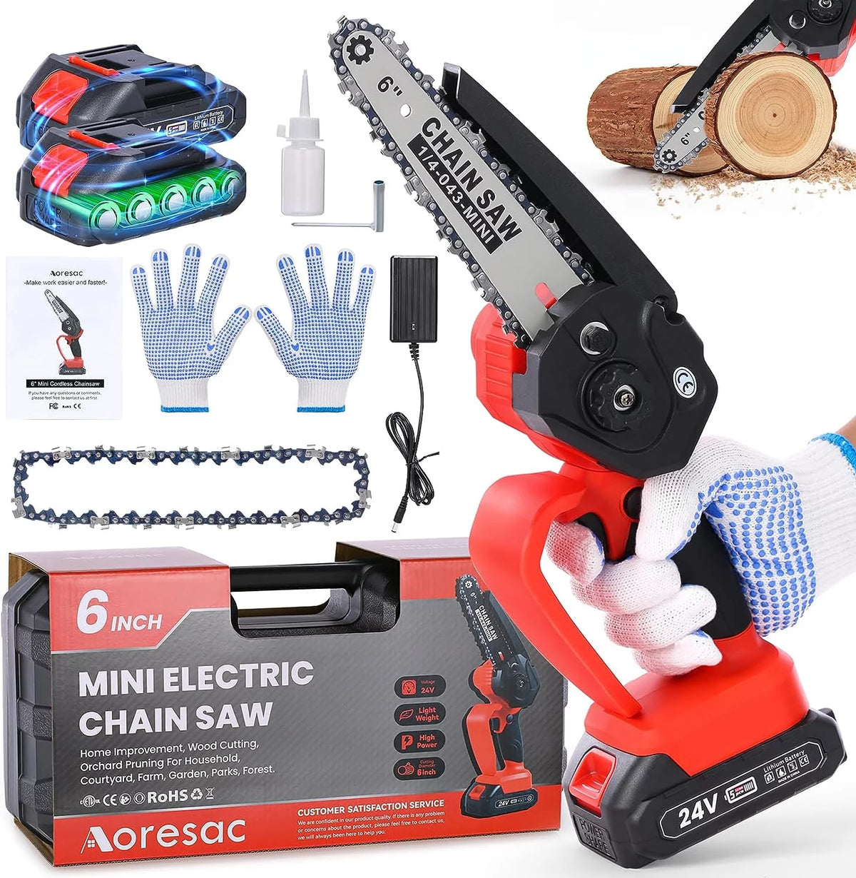Cordless 6 Handheld Electric Chainsaw with 2 Chains I4508