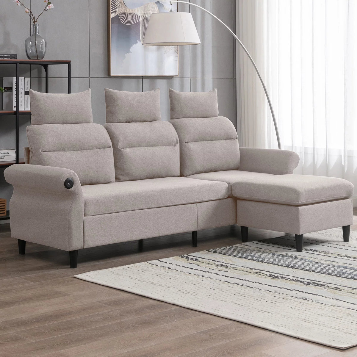 Beige L-Shaped Sectional Sofa with Storage Ottoman and 2 USB Ports Q588056