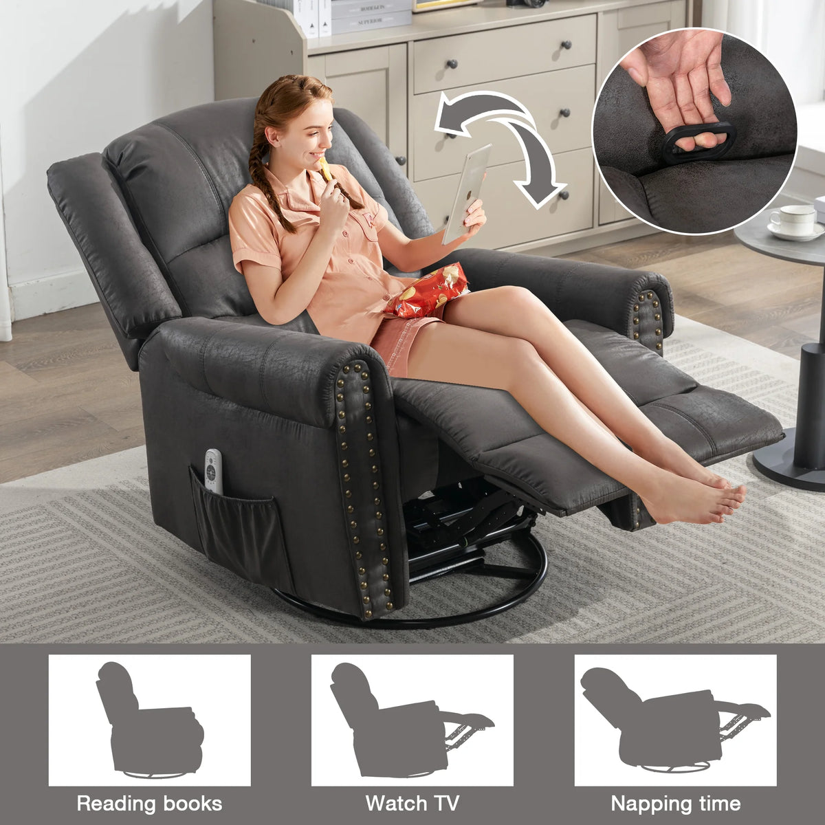 Gray PU Leather Swivel Recliner Chair with Massage and Heat T4946