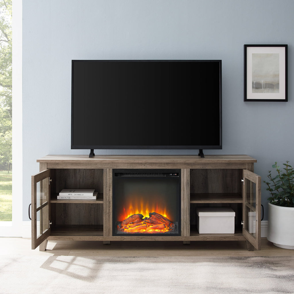 Grey Wash Glass-Door Fireplace TV Stand J234