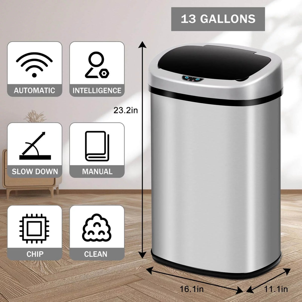13 Gallon Stainless Steel Automatic Trash Can U73447