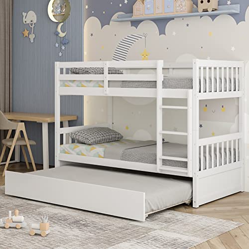 White Twin Over Twin Bunk Bed with Trundle T44003