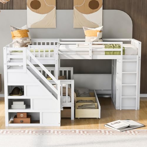 L-Shaped Twin-Twin Over Full Bunk Bed with Stairs and Guardrails H5962