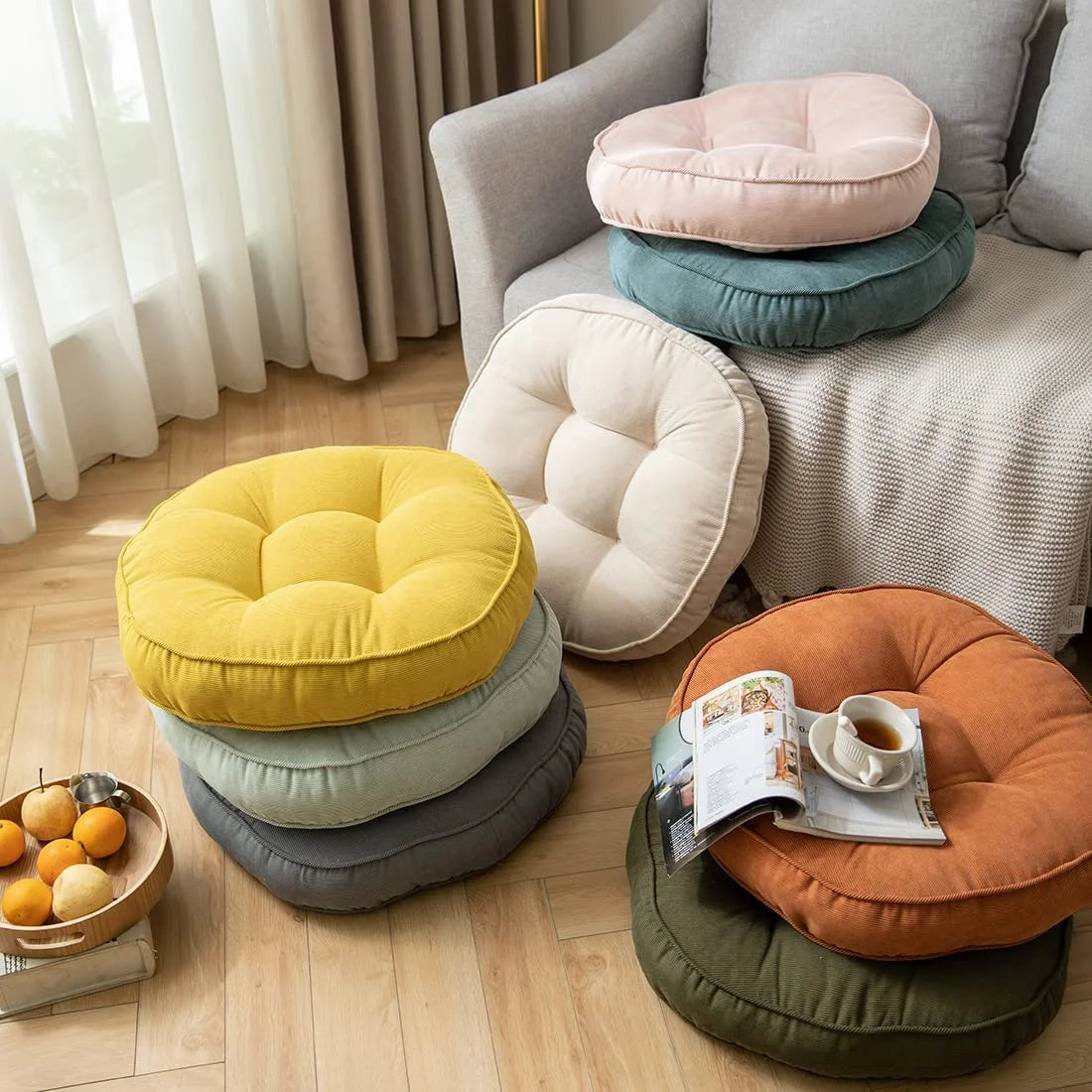 Cream 22x22 Inch Corduroy Round Chair Pad M572
