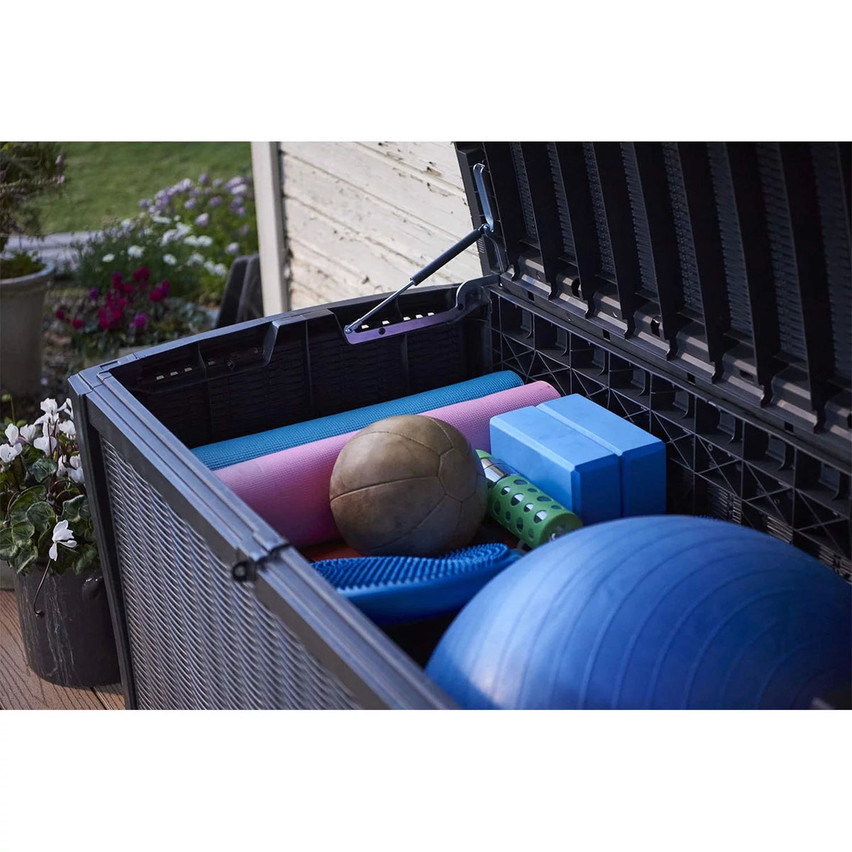 Grey 110 Gallon Plastic Outdoor Storage Deck Box Bench Q74084