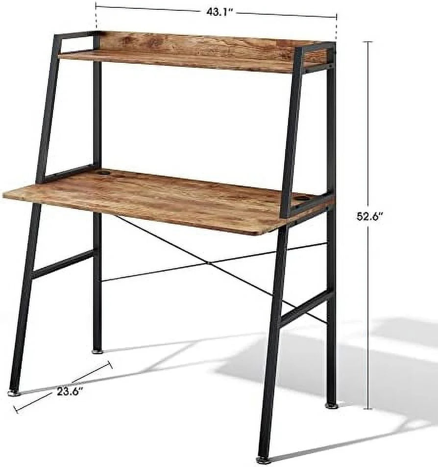 43 Inch Rustic Brown Computer Ladder Desk with Shelves W8772