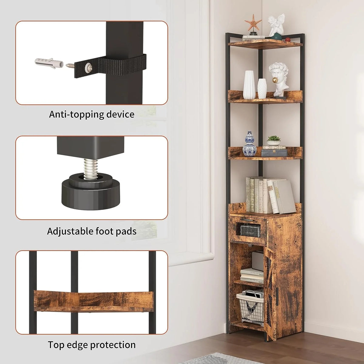Grey 7-Tier Corner Cabinet with Drawer E2358