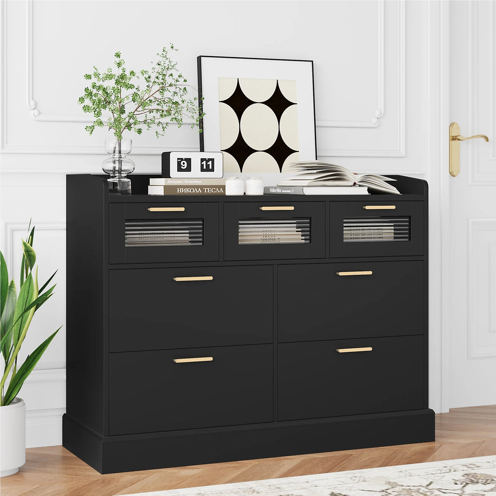 White 7 Drawer Glass Panel Wood Dresser A848