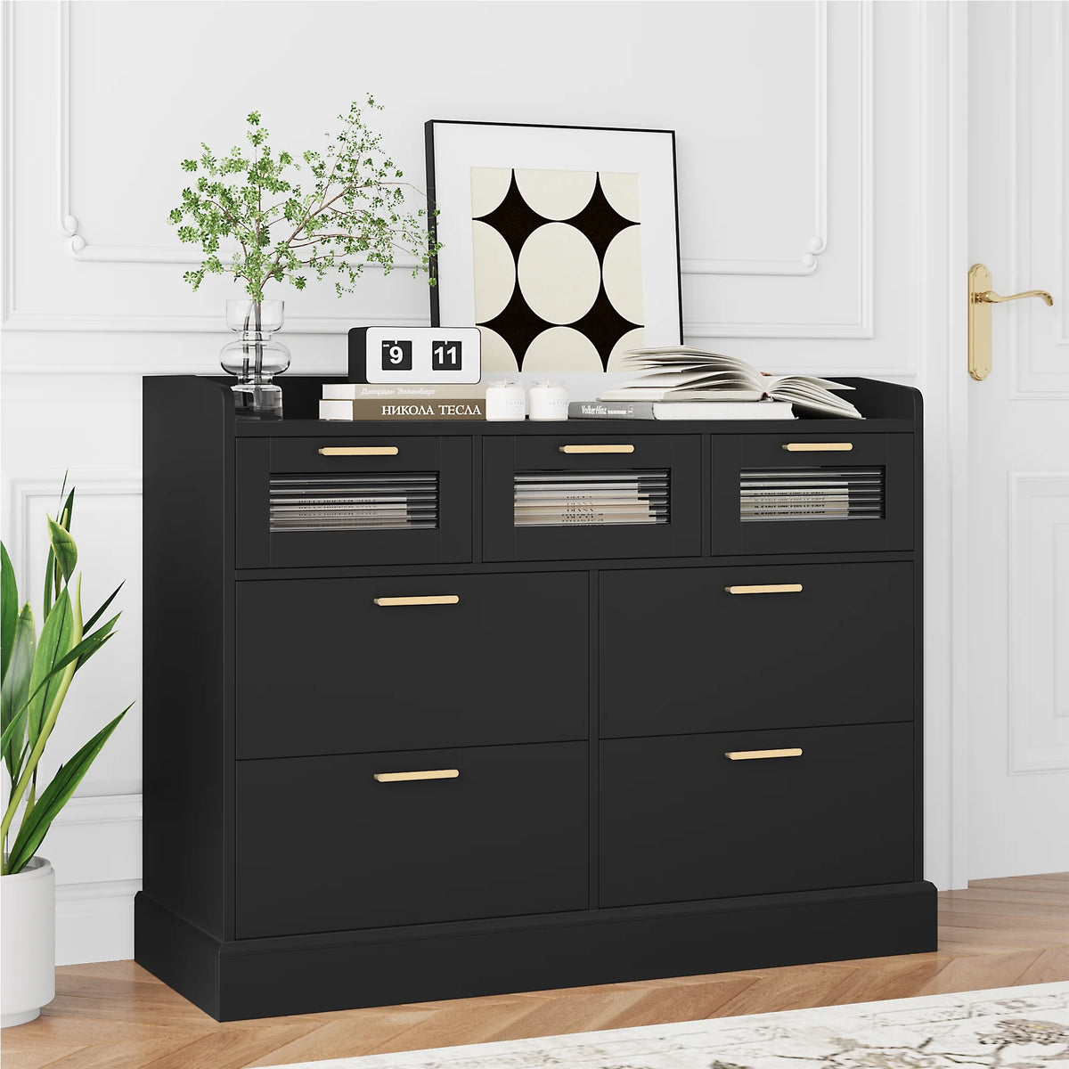 White 7 Drawer Glass Panel Wood Dresser A848
