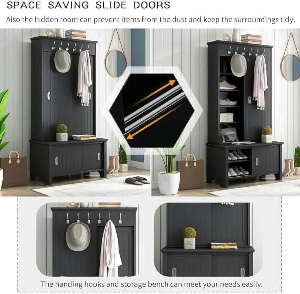 Black Hall Tree with Shoe Drawers and Bench R351806