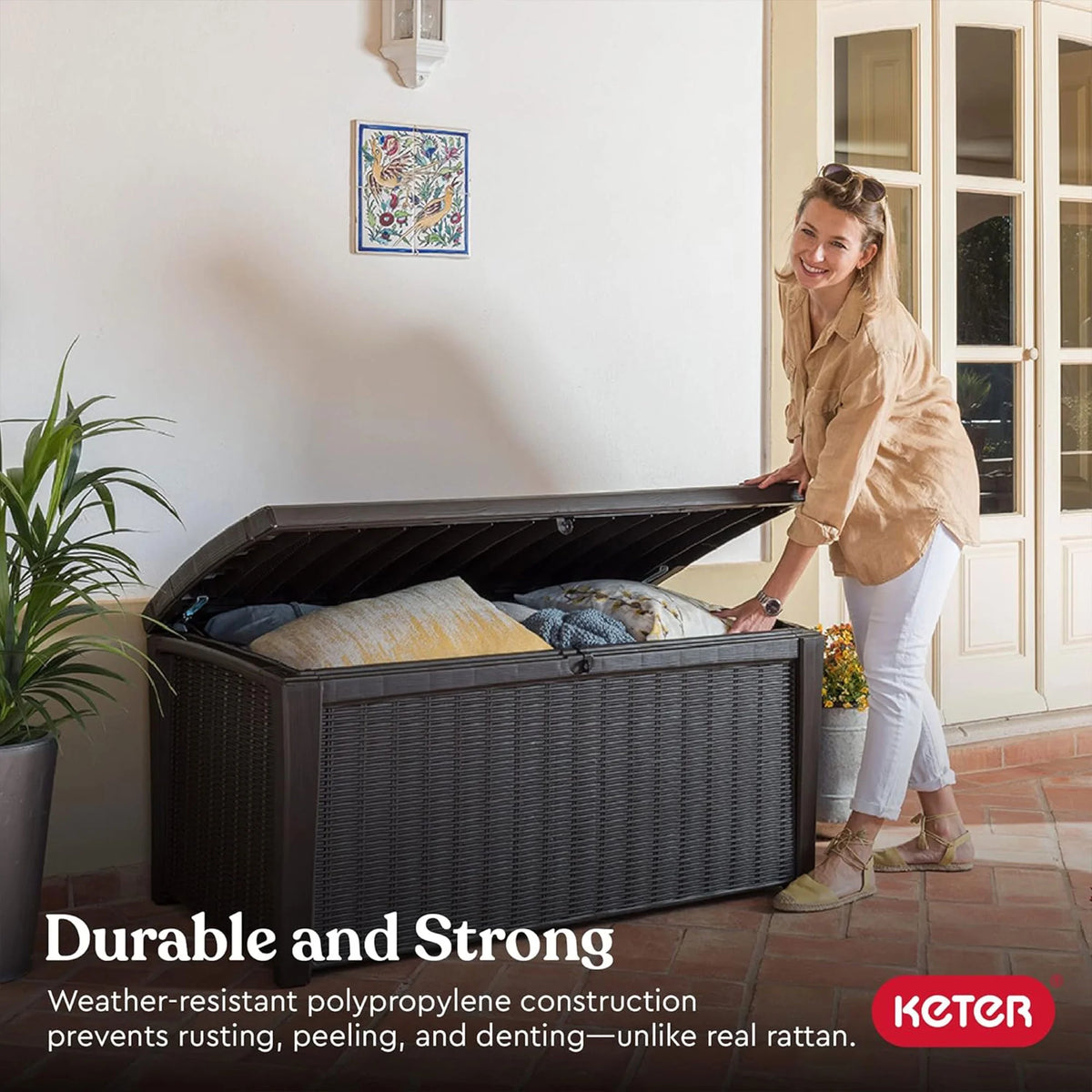 Grey 110 Gallon Plastic Outdoor Storage Deck Box Bench Q74084