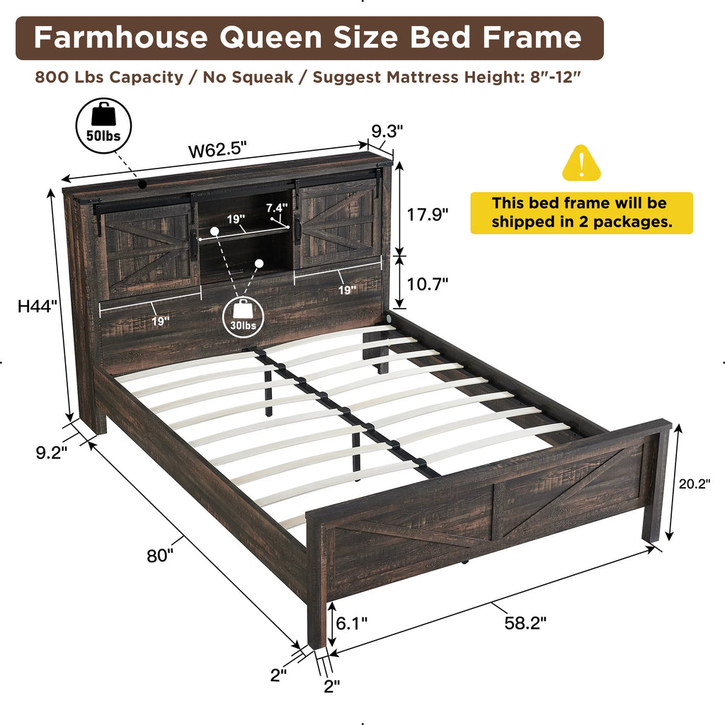 Light Rustic Oak Wood Platform Bed Frame with Bookcase Storage Headboard A76692