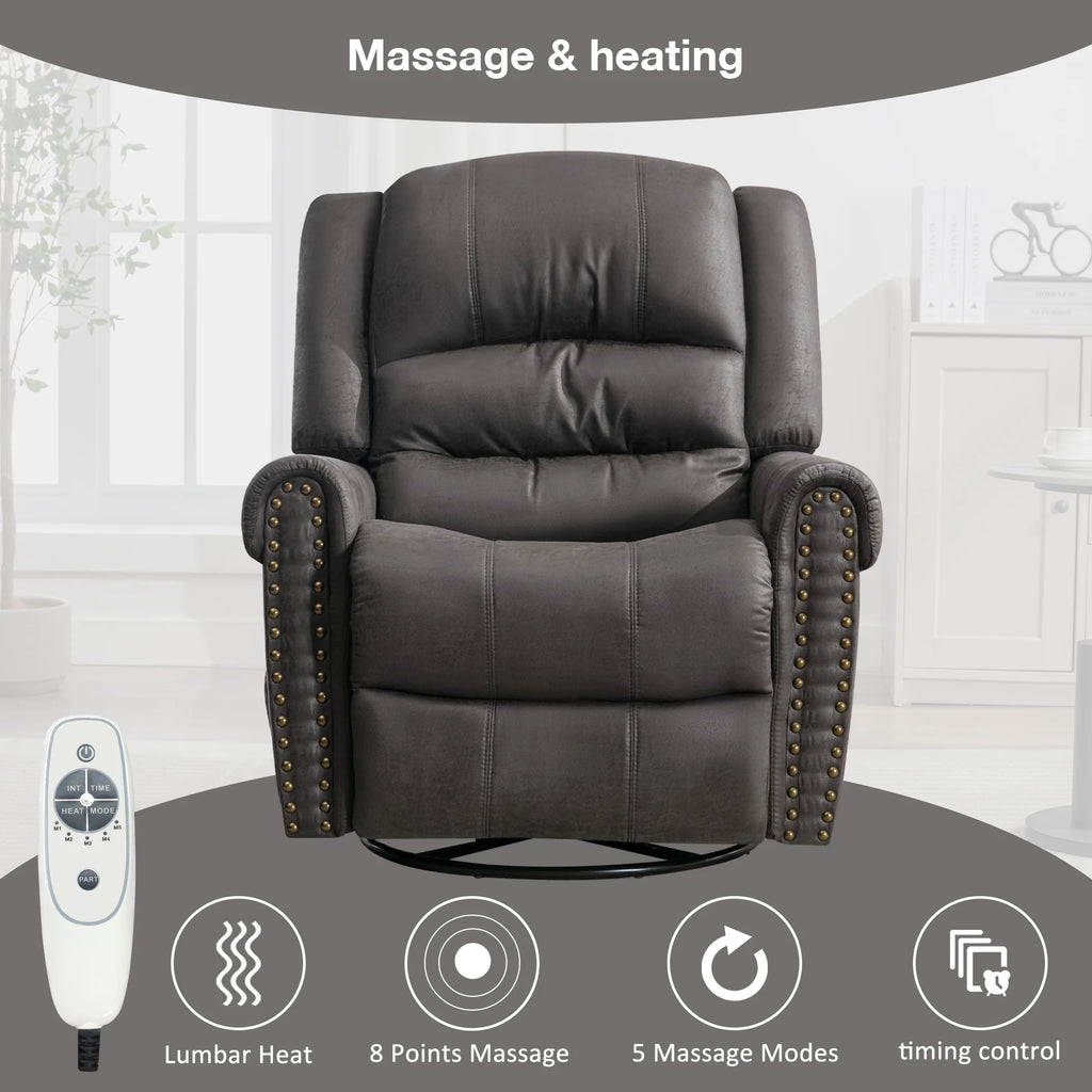 Gray PU Leather Swivel Recliner Chair with Massage and Heat T4946