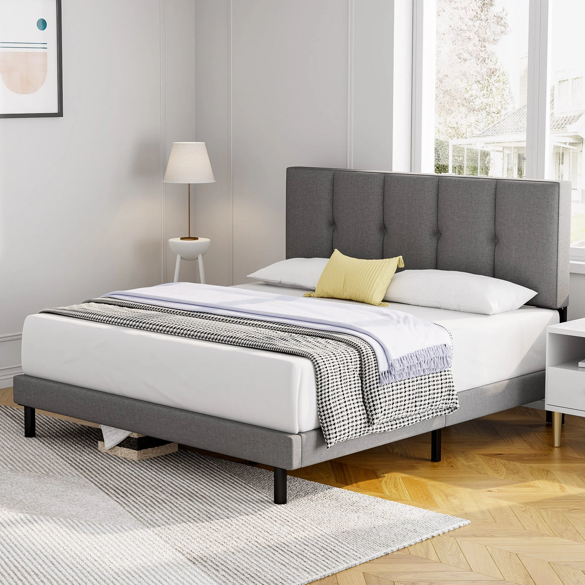 Full Size Bed Frame with Upholstered Headboard and Wooden Slats, Dark Grey Y914