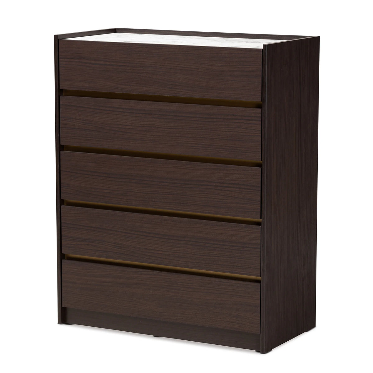 Dark Brown Gold Wood 5-Drawer Chest with Faux Marble Top J8393