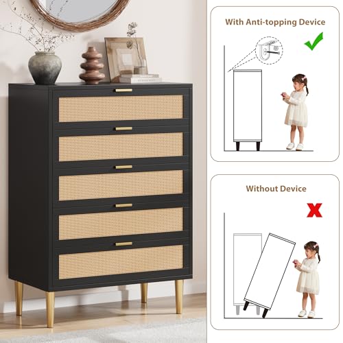 Oak 5 Drawer Rattan Wood Dresser I292046