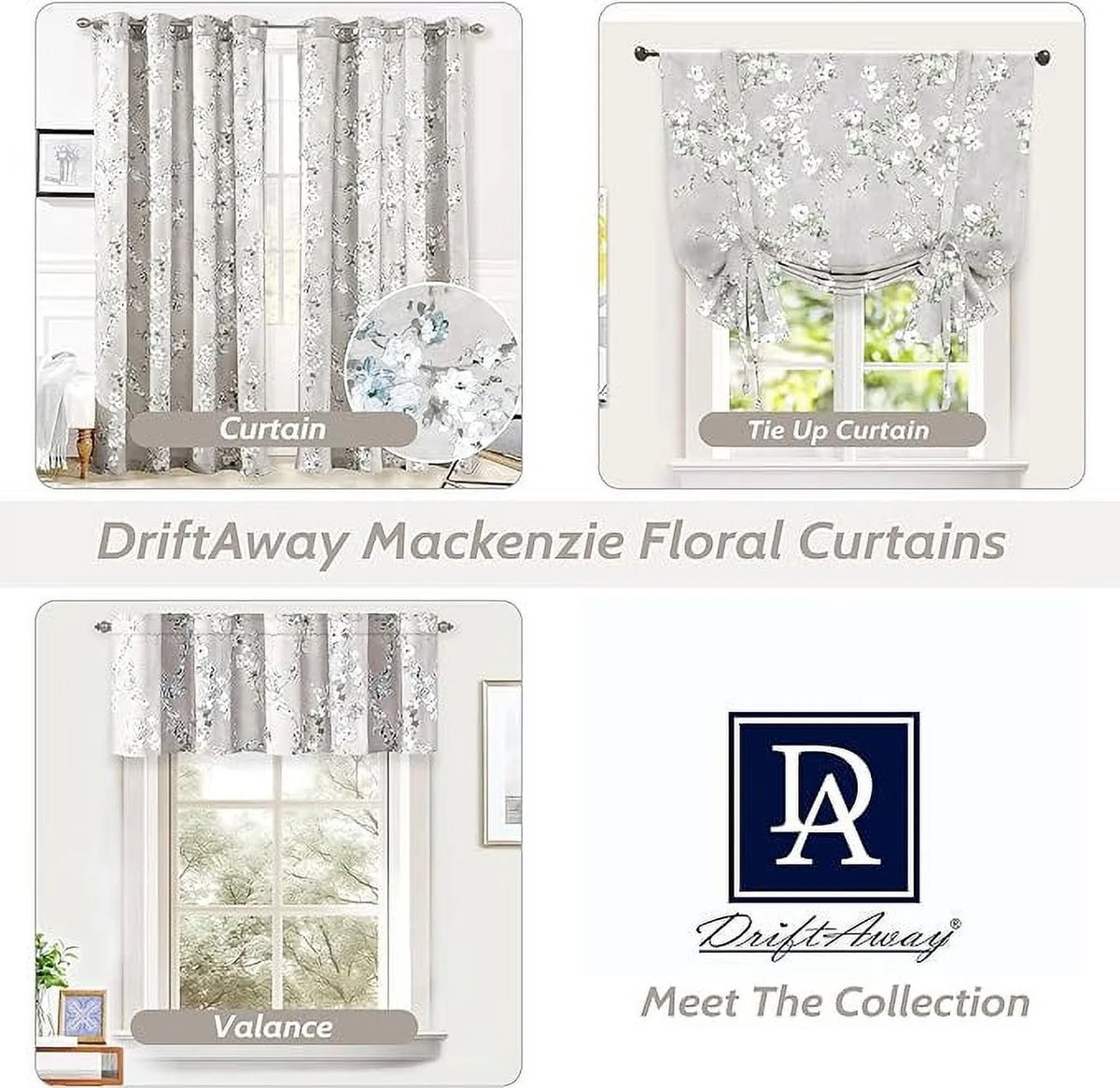 Blue Gray Floral Tie Up Curtain K248