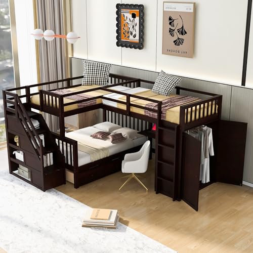 L-Shaped Twin-Twin Over Full Bunk Bed with Stairs and Guardrails H5962