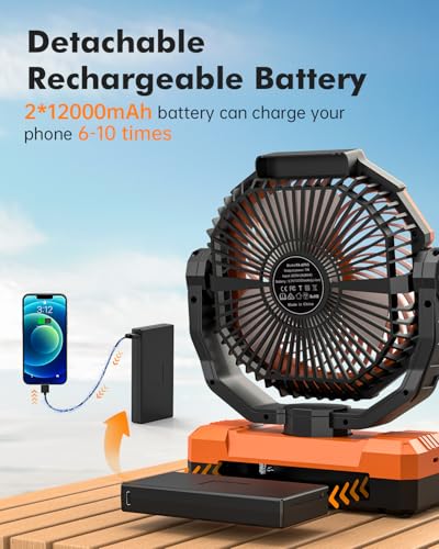 24000mAh Rechargeable Battery Operated Camping Fan with Light & Hook N61942