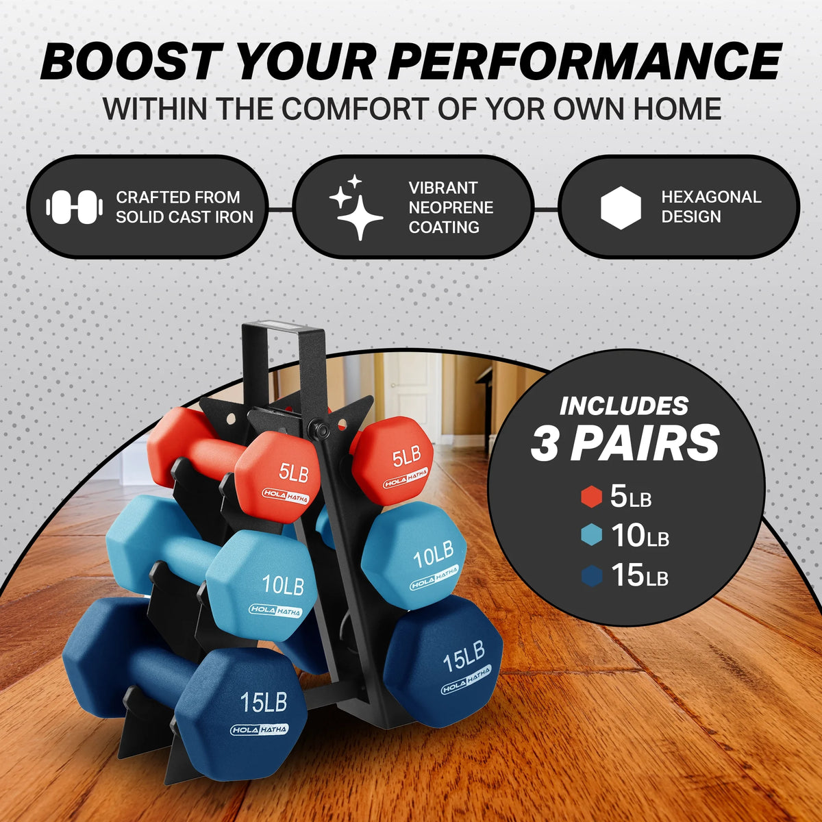 5, 10 & 15 Pound Neoprene Dumbbell Weight Set with Storage Rack J403576